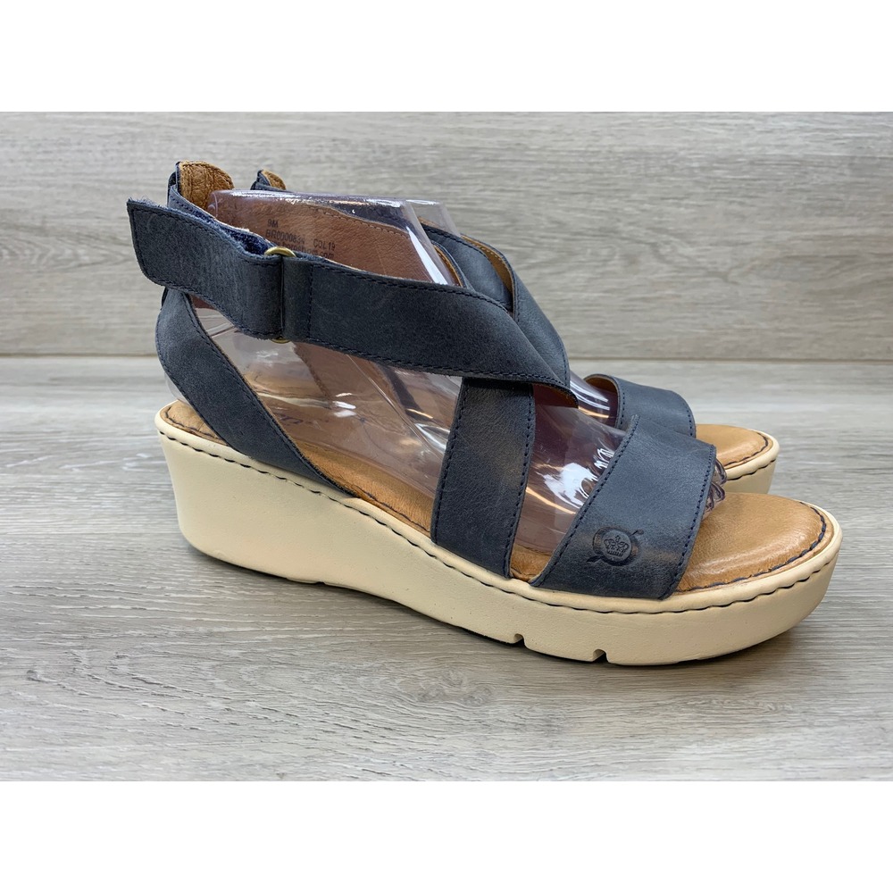 Born Blue Leather Wedge Sandals Cross Strap Platform Women's 9 Comfort Shoes